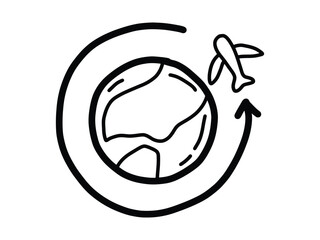 Globe with Airplane Clipart. Outline and Doodle Version