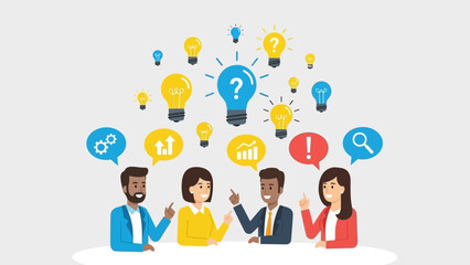 Brainstorming session with diverse team members sharing ideas and insights through innovative lightbulb concepts and communication bubbles