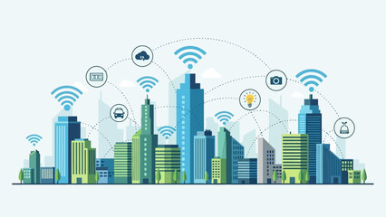 Fototapeta premium Modern urban landscape illustrating a connected smart city infrastructure with advanced digital technology integration and seamless network communication across buildings