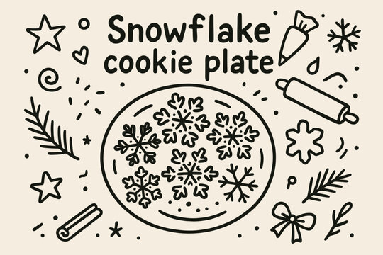 Snowflake Cookie Delight. Snowflake cookie plate. Hand-drawn doodle illustration of Snowflake cookie plate.