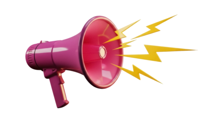 Pink megaphone with lightning bolts PNG isolated on transparent background, communication and announcement tool for graphic design projects