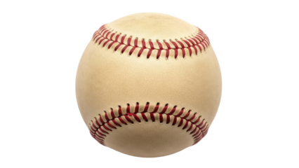 Baseball PNG isolated on transparent background, close-up view of a traditional ball with red stitching, sports equipment for game day