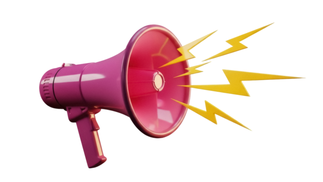 Pink megaphone with lightning bolts PNG isolated on transparent background, communication and announcement tool for graphic design projects