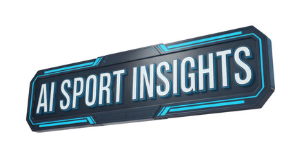 A futuristic 3D rendered dark sign with glowing blue accents displays "AI SPORT INSIGHTS" in bold white lettering, conveying modern sports analytics. background removed