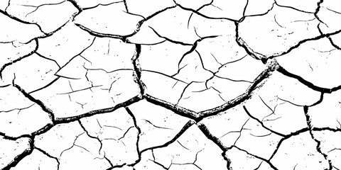 High-contrast cracked earth texture with bold black fracture lines on a clean white background, ideal for abstract backgrounds, design overlays, and minimalist graphic projects. Perfect for stock use.