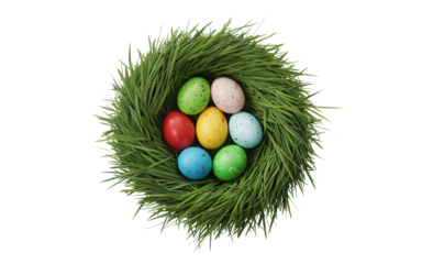 Colorful easter eggs nestled in fresh green grass isolated on transparent background