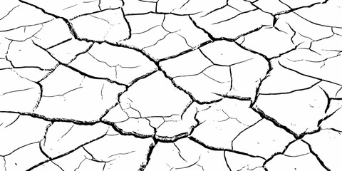 High-contrast cracked earth texture with bold black fracture lines on a clean white background, ideal for abstract backgrounds, design overlays, and minimalist graphic projects. Perfect for stock use.