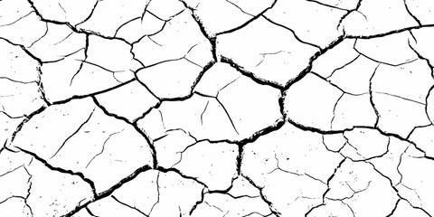 High-contrast cracked earth texture with bold black fracture lines on a clean white background, ideal for abstract backgrounds, design overlays, and minimalist graphic projects. Perfect for stock use.