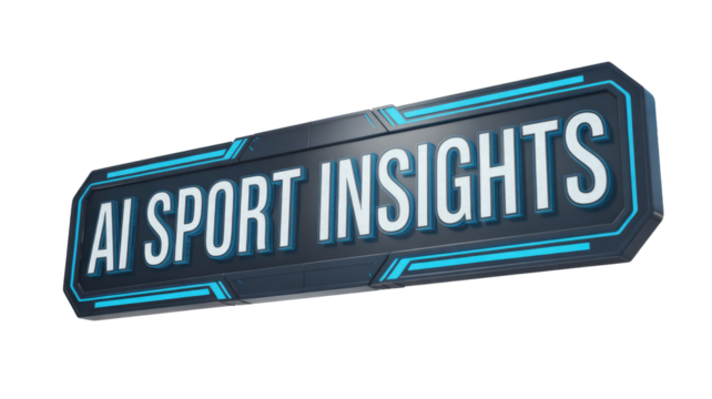 A futuristic 3D rendered dark sign with glowing blue accents displays "AI SPORT INSIGHTS" in bold white lettering, conveying modern sports analytics. background removed