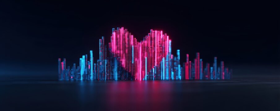 customer personalization feedback. Abstract digital city skyline illuminated in vibrant colors.