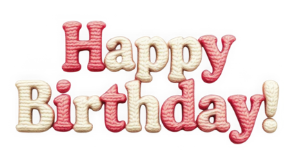 3D Icing Happy Birthday Text with Stripes isolated on transparent background. Textured Confection Candy Lettering. Playful Sweet Joyful Typography.