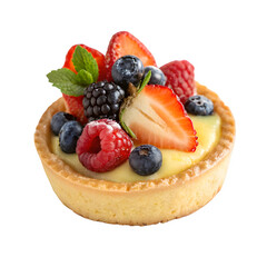 Delightful mixed fruit tart showcasing fresh berries and creamy filling, isolated on transparent background.