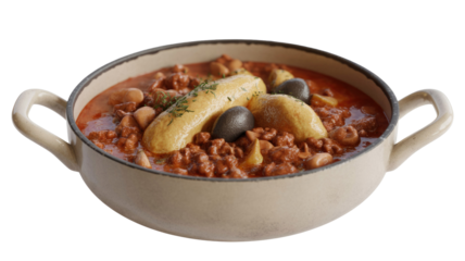 Hearty stew in a ceramic pot with rich tomato sauce, tender meat/mushrooms, golden dumplings, and black olives, garnished with herbs. background removed