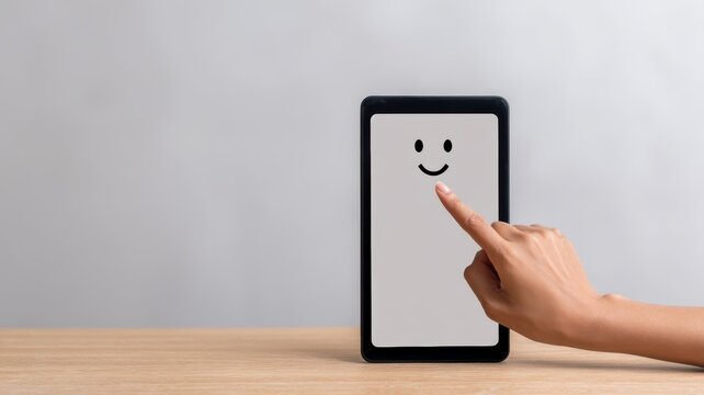 customer personalization feedback. A hand touches a tablet displaying a smiley face on a wooden surface.