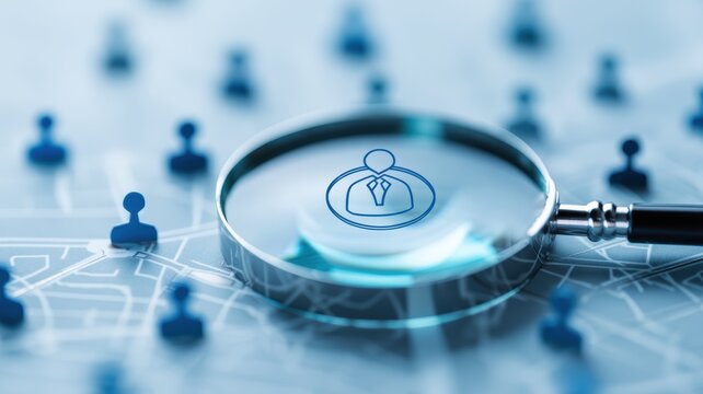 customer personalization feedback. Magnifying glass focusing on a business icon among digital network connections.