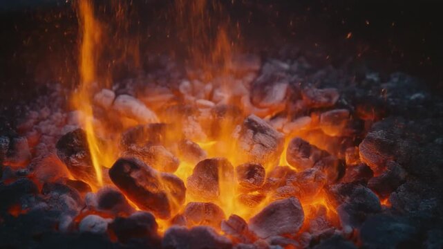 Close-up of glowing hot coals and embers with sparks flying upwards in a dark setting fire
