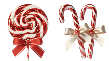 Two christmas candy canes and a swirl lollipop isolated on transparent background