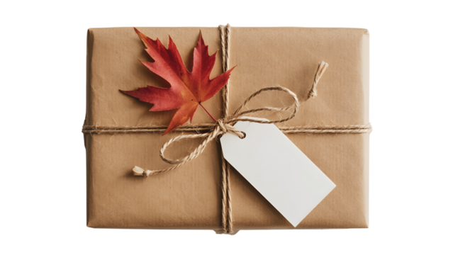Brown paper gift box tied with twine and autumn leaf isolated on transparent background