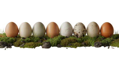 Assortment of natural bird eggs on moss isolated on transparent background