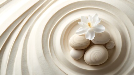 White flower and smooth stones on raked sand for zen and relaxation concept