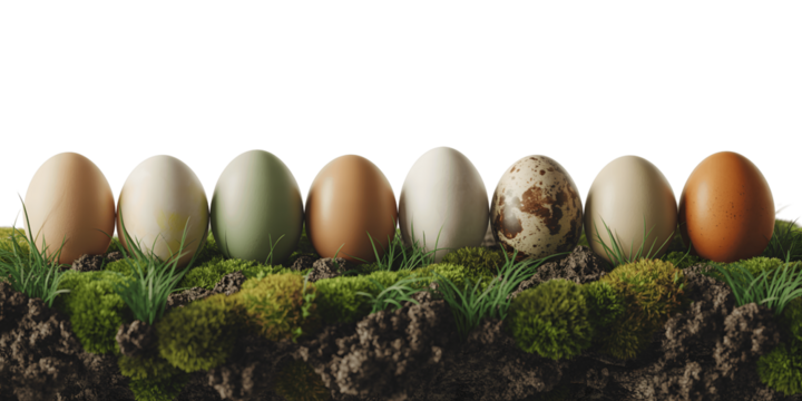 Assortment of colorful bird eggs on mossy surface isolated on transparent background - Powered by Adobe