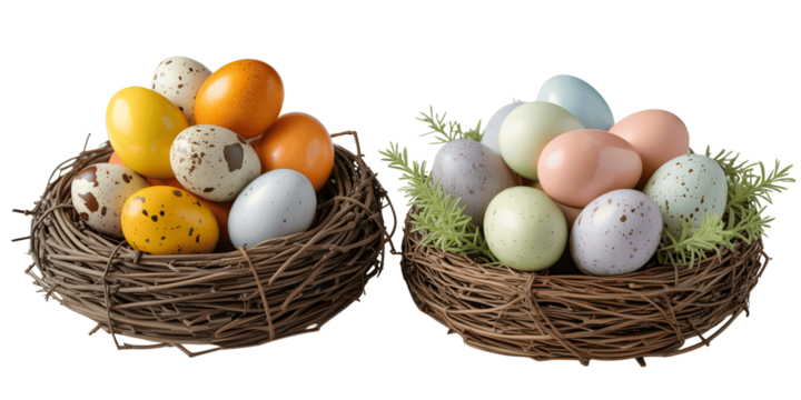 Two easter nests filled with colorful eggs isolated on transparent background