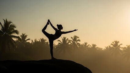 Silhouette of a woman in a graceful yoga pose dancer s pose against a misty tropical sunrise with palm trees creating a serene and inspiring backdrop for wellness and mindfulness