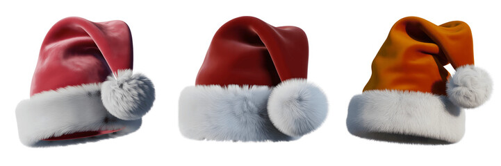 Three santa hats with white trim isolated on transparent background