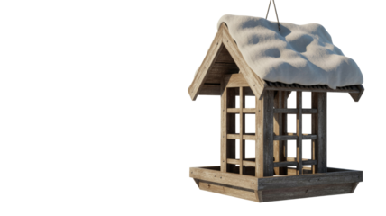 A rustic wooden bird feeder with a snow-covered roof, designed for hanging, against a plain transparent background, perfect for winter. background removed