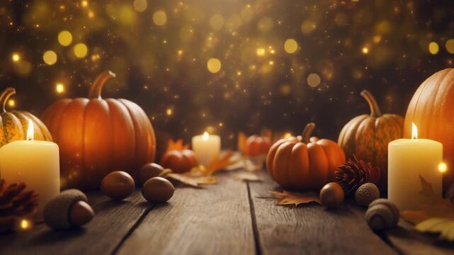 Warm Thanksgiving Table Background Loop &ndash; Pumpkins, Leaves & Candlelight