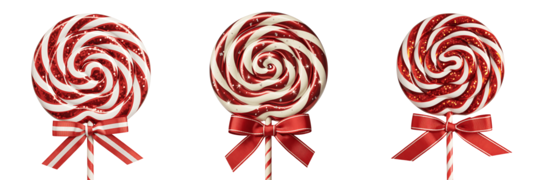 Three swirl lollipops with red bows isolated on transparent background