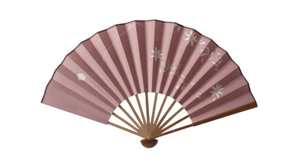 An elegant pink folding fan with delicate white floral patterns and wooden ribs, ideal for cooling or decorative purposes, presented on a transparent background. background removed