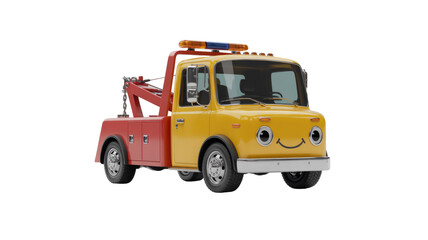 Naklejka premium A cute 3D cartoon tow truck in yellow and red, featuring a smiling face and emergency lights, on a transparent background. background removed