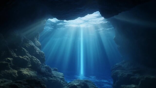 The Deep Sea Cave. Underwater. A photorealistic 3D rendering of an underwater scene from inside a deep dark sea cave looking out. The cave's rocky opening creates a natural dark silhouette frame.
