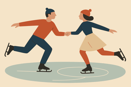 Retro Skating Duo. Skating pair minimalist flat illustration of a couple gliding across an icy rink, simple