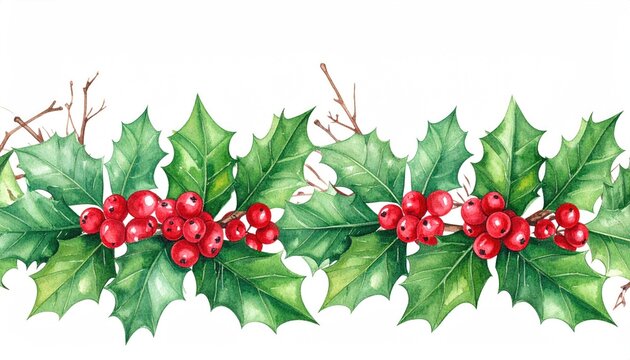 Watercolor Holly Berry Garland Seamless Border Christmas Winter Decoration. - Powered by Adobe