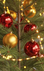 Green Holiday Background with Shiny Ornaments and Lights 