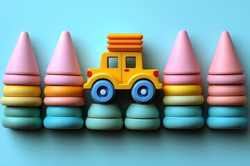 Yellow wooden toy car with orange blocks on top is centered among five colorful pastel stacking cones