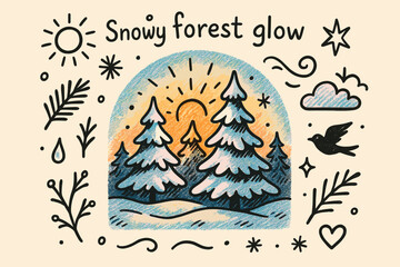 Snowy Forest Doodle. Snowy forest glow. Hand-drawn doodle illustration of Snowy forest glow. Central doodle