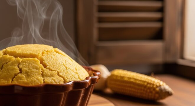 Steamed Cape Verdean Cuscuz de Milho in Ceramic Mold &ndash; Cornmeal Cake with Corn Cob & Colonial Shutter, Warm Home Light
