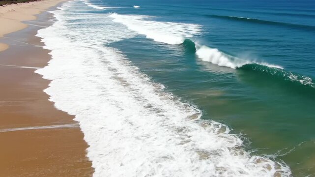 Cinematic aerial view of perfectly uniform ocean waves crashing and receding along a sandy, untouched coastline in rhythmic synchronicity meditation, synchronicity, naturalbeauty