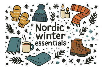 Nordic Winter Essentials. Nordic winter essentials. Hand-drawn doodle illustration of Nordic winter essentials