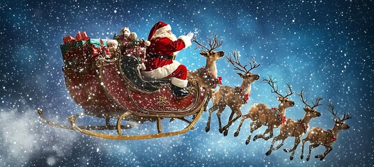 Santa claus sleigh reindeer christmas eve gifts snow winter holiday celebration magic festive season