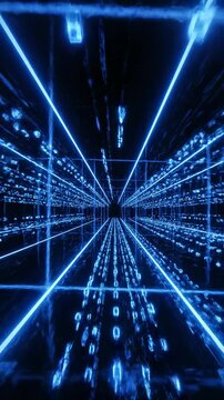 Rapid flow of identical digital data packets moving quickly through a stylized futuristic abstract blue and black grid representing overwhelming informational repetition cyberspace, big data, seamless