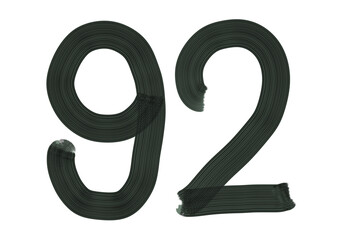 Number Ninety-two, 92 made with Plaster Rake Brush on transparent background, Digit, Black color, Dark-green color, isolated background, Illustration, Typography, Handmade, Set 0-100