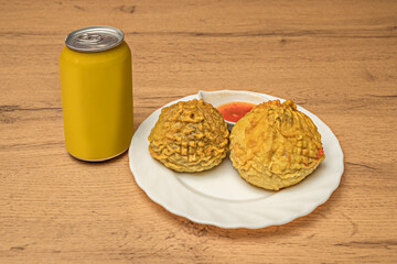 Peruvian stuffed potatoes with yellow potato puree filled with ground meat, hard-boiled egg and...