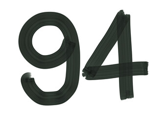 Number Ninety-four, 94 made with Plaster Rake Brush on transparent background, Digit, Black color, Dark-green color, isolated background, Illustration, Typography, Handmade, Set 0-100