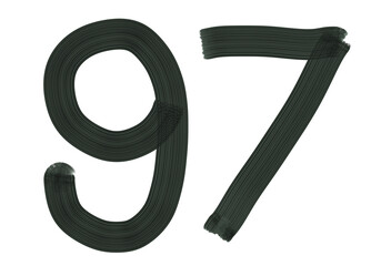 Number Ninety-seven, 97 made with Plaster Rake Brush on transparent background, Digit, Black color, Dark-green color, isolated background, Illustration, Typography, Handmade, Set 0-100