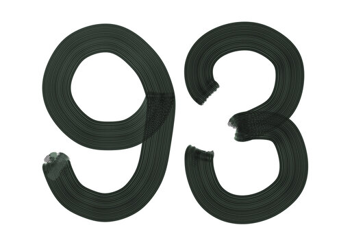 Number Ninety-three, 93 made with Plaster Rake Brush on transparent background, Digit, Black color, Dark-green color, isolated background, Illustration, Typography, Handmade, Set 0-100