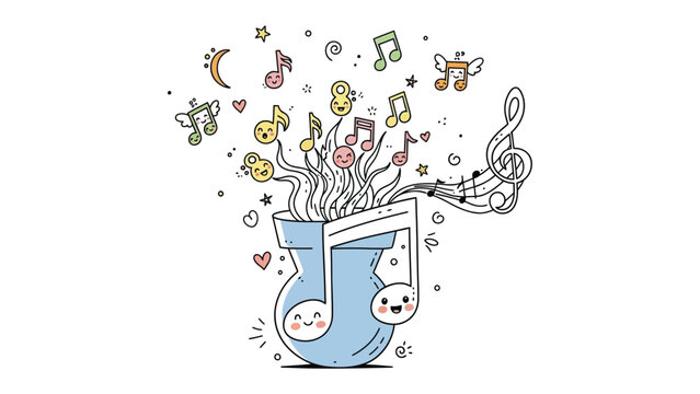Musical Euphoria Unleashed: An explosion of music notes, each imbued with unique charm and character, erupts from a stylized musical element, creating a symphony of creativity and imagination. 
